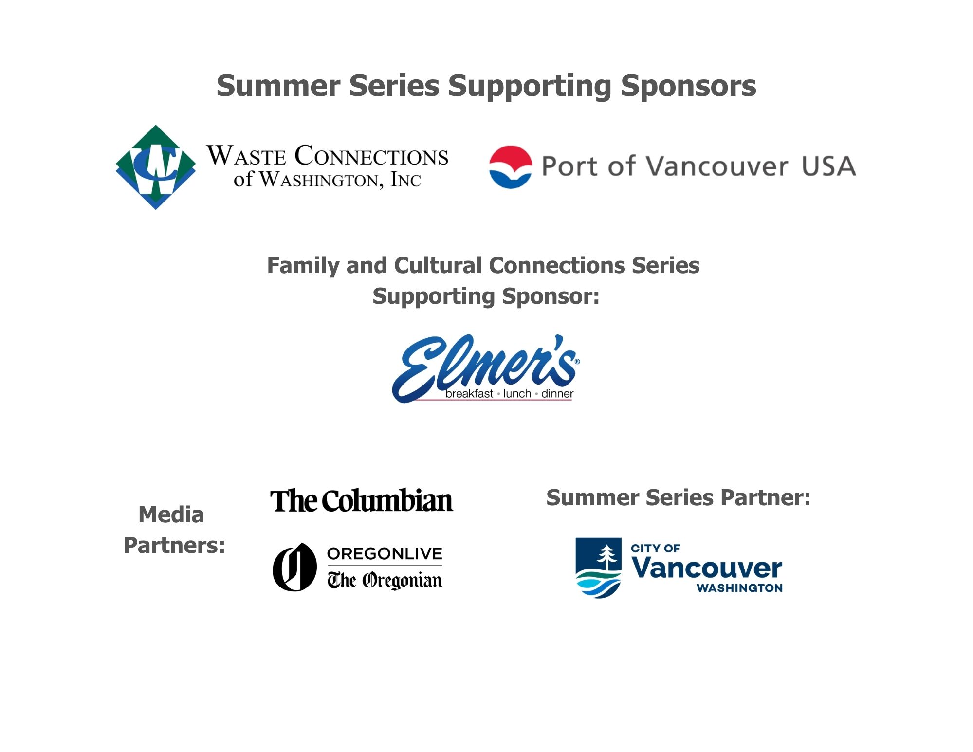 Logos for Summer Series. 2026 Summer Series Supporting Sponsors: Waste Connections of Washington, Inc., Port of Vancouver USA; Family and Cultural Connections Series Supporting Sponsor: Elmer's Restaurants; Media Partners: The Columbian, OregonLive and The Oregonian; Summer Series Partner: City of Vancouver.