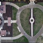 Sacred Heart Plaza at Ed Lynch Square Aerial view of completed plaza and garden, taken early December 2025.