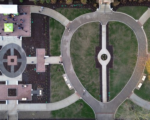 Aerial view of completed plaza and garden, taken early December 2025.