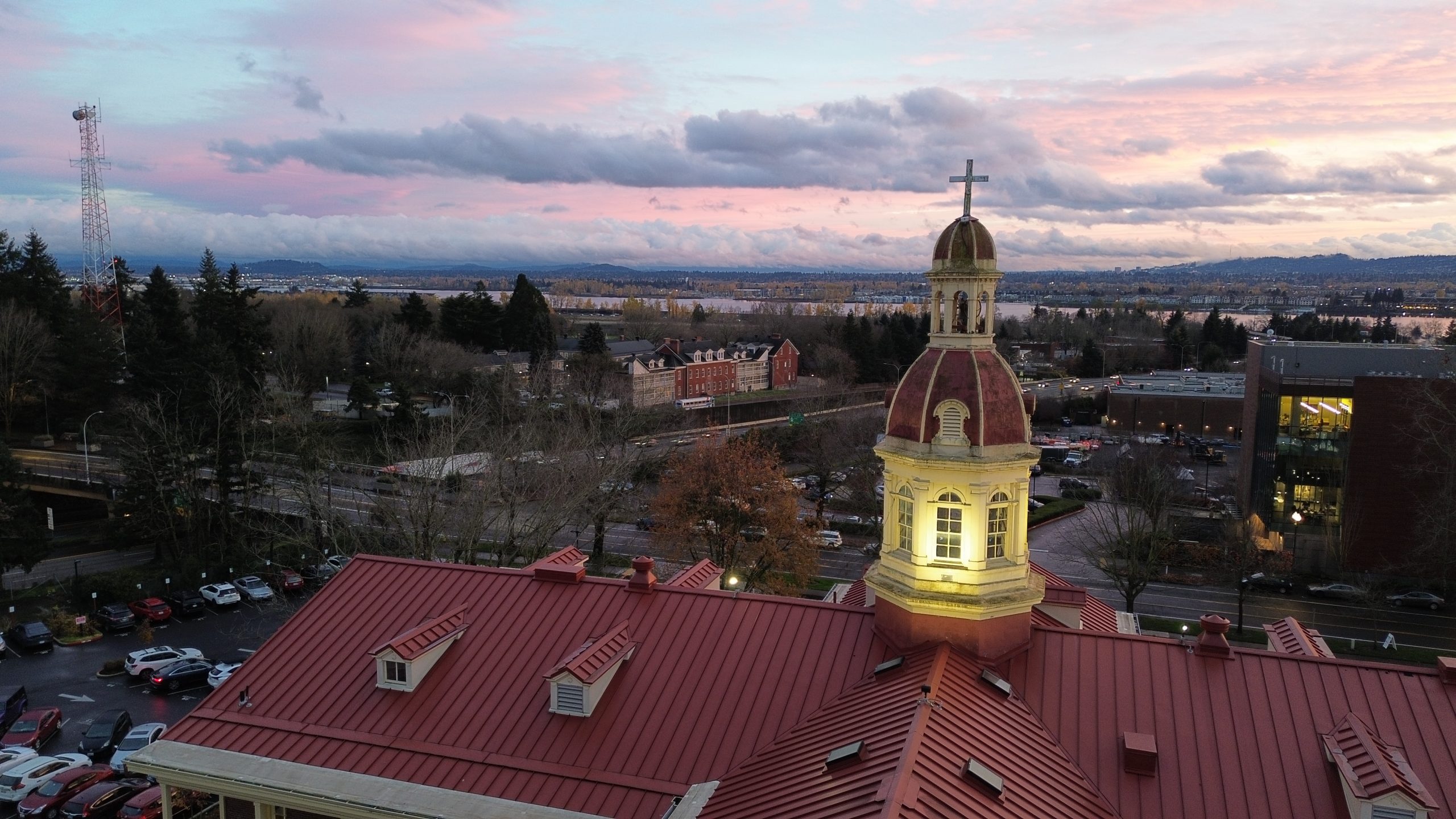 DCIM100MEDIADJI_0052.JPG Providence Academy aerial view at dusk, roof and cupola looking south-southeast