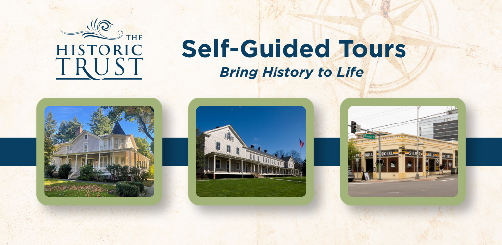 Self-Guided Tours: Bring History to Life; pictures of Officers Row building 750-756, Artillery Barracks, and Silver Ball Social Club building (114 E. Evergreen Blvd)